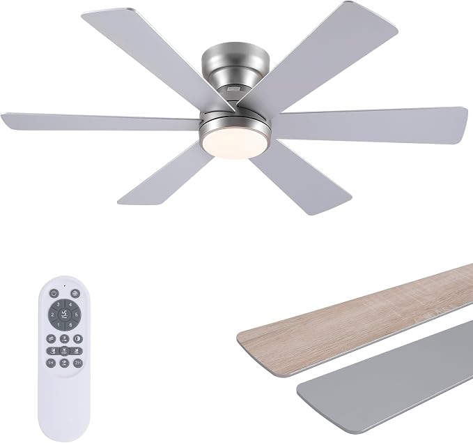 Asyko 46" Silver 6-Blade Modern Low Profile Ceiling Fan with Light & Remote | 6 Double-Sided Blades,6 Wind Speeds, Reversible,Dimmable 3 CCT LED Light, 25W Quiet DC Motor,1/2H Timer,for Bedroom Kitchen
