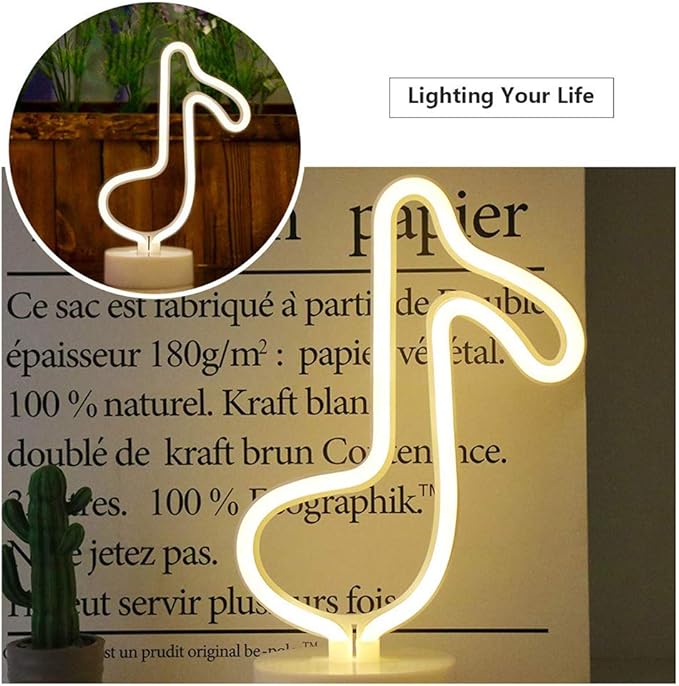 ENUOLI Music Notes Neon Lights with Base Warm White Decor Neon Sign Led Music Notes Night Light Wall Table Decor Battery Operated Creative Lighting Lamp Home Decoration Party Best Gift for Kids