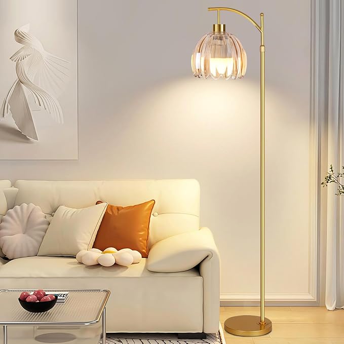 QIYIZM Glass Floor Lamp for Living Room,Bedroom,Gold Dimmable Standing Lamp with Remote,Mid Century Modern Brass Tall Lamp Boho Floor Lamps Arc Stained Flower Floor Light Lamp Girls Bohemian