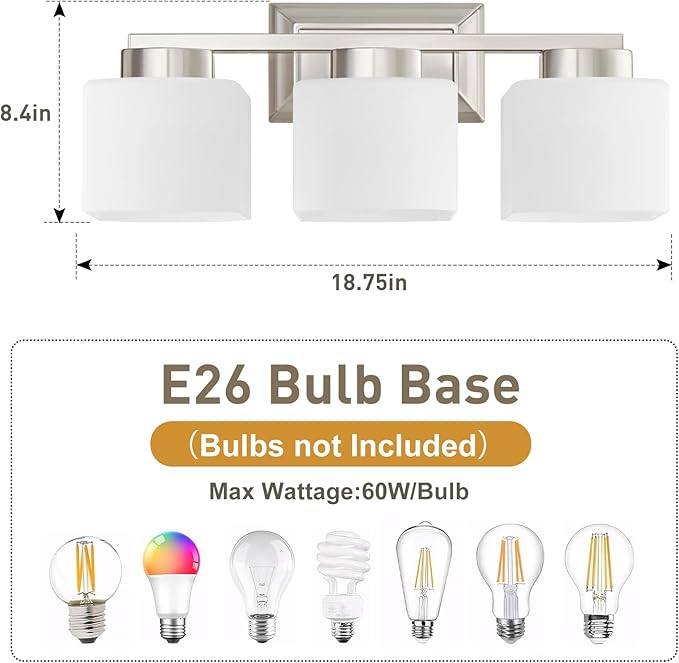 3-Light Bathroom Light Fixtures - Brushed Nickel Bathroom Vanity Lights with Glass Shade Modern Bathroom Lighting Fixtures Over Mirror - Wall Sconce Lamps for Bedroom,Living Room,Hallway