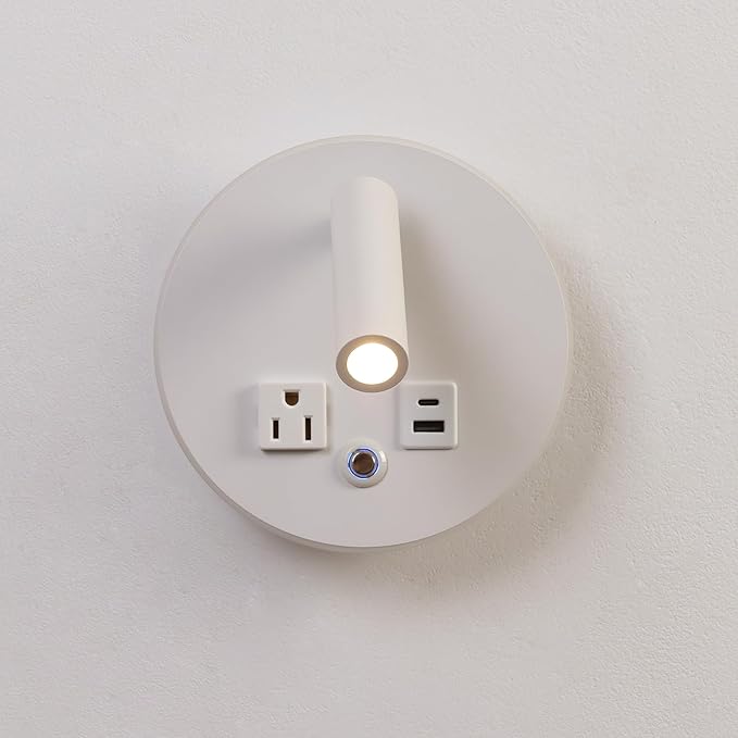 LED Round Wall Lamp Dimming Wall Mounted Reading Lights, Adjustable Headboard Plug in Wall Sconce with USB+USB C Ports, Headboard Bedside Lamp with 6W+3W Night Light 3000K (White)