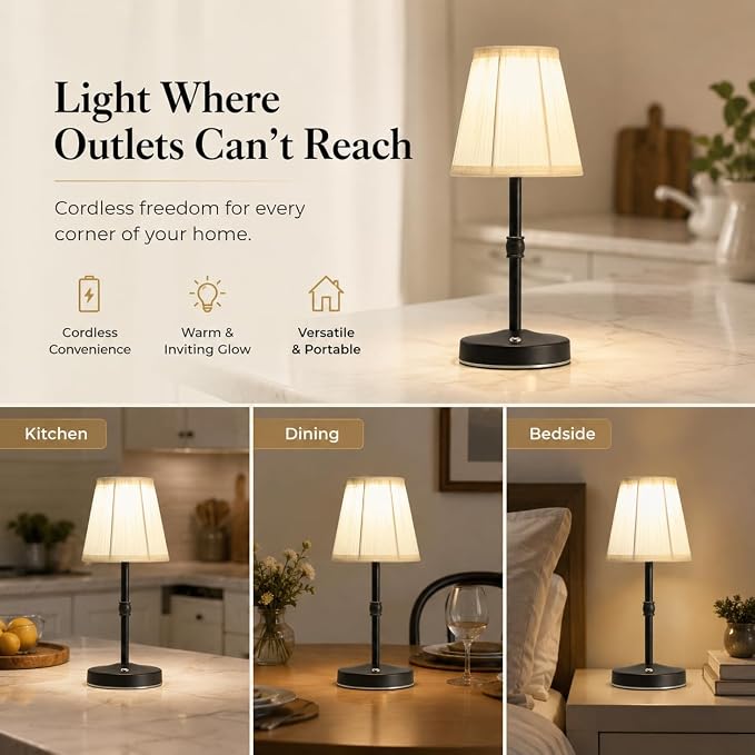 3000mah Battery Powered Lamp for Home,Small Cordless Lamps Rechargeable,3 Color Temperature 5W LED Touch Lamp Battery Operated Table Lights,Wireless Lamps for Tables,Kitchen,Living Room (Black,H11”)