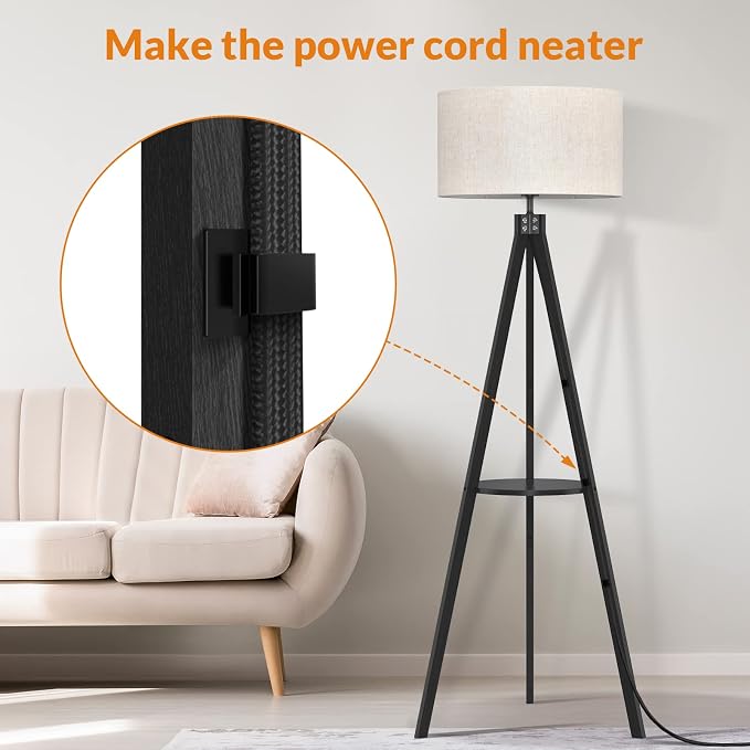 LEPOWER Shelf Floor Lamp Tripod Mid Century Modern Lamps for Living Room | Light-Diffusing Linen Shade, Premium Rubberwood, E26 Base, Foot Switch, Adding Warmth to Bedroom, Office & Study Corner Black