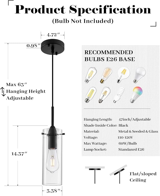 Black Pendant Lights Kitchen Island 3 Packs, Clear Glass Pendant Light, Modern Glass Pendant Light Fixture, Industrial Pendant Lights for Kitchen Island, Living Room, Bedroom, Dining Room