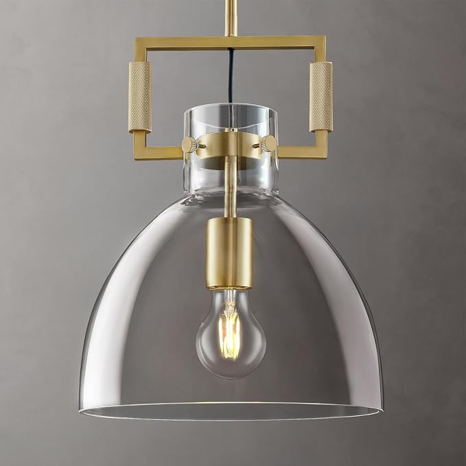 10 Inch Knurled Large Brass Blown Glass Modern Kitchen Island Pendant Light Fixtures,1 Light Island Pendant Lighting,Single Pendant Light,for Foyer, Entryway, and Dining, Includes Two Bulbs