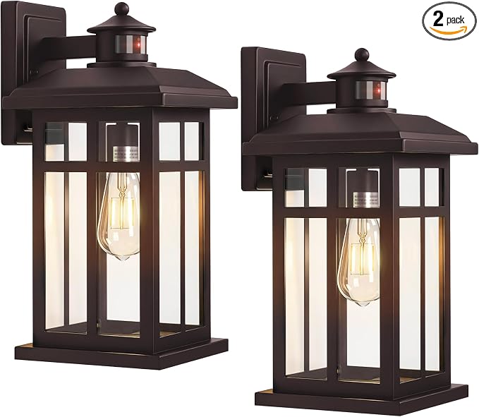 16” Motion Sensor Modern Exterior Light Bronze Outside Porch Lights | 2 Pack Dusk to Dawn Porch Lights with E26 Socket, Exterior Lighting Fixtures for House, Garage, Front Door, Brown