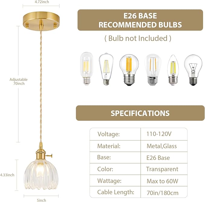 Mini Pendant Lights Kitchen island 2 Pack, Small Adjustable Pendant Light Fixture with Transparent Tulip Glass Lampshade, Vintage Gold Pendant Lighting, Pendant Light for Bedroom Dining Room Hallway