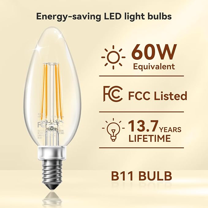 TJOY LED Candelabra Bulbs Dimmable, 60W Equivalent Chandelier Light Bulb, E12 Small Base, 4.5W 3000K Soft White, B11 Vintage Filament Clear Glass Candle Light for Ceiling Fan Chandeliers, 12Pack