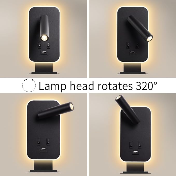 LED Wall Lamp Wall Mounted Reading Lights, Adjustable Headboard Plug in Wall Sconce with USB Ports, Headboard Bedside Lamp with 3W+9W Night Light 3000K, Bedroom ambiance Lighting, Black