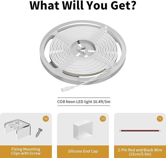 PAUTIX COB LED Strip Neon Rope Light 16.4ft/5m, 4000K White 504 LEDs/m 24V,Silicone LED Neon Light IP68 Waterproof for Outdoor Indoor Lighting Decor(Power Supply NOT Included)