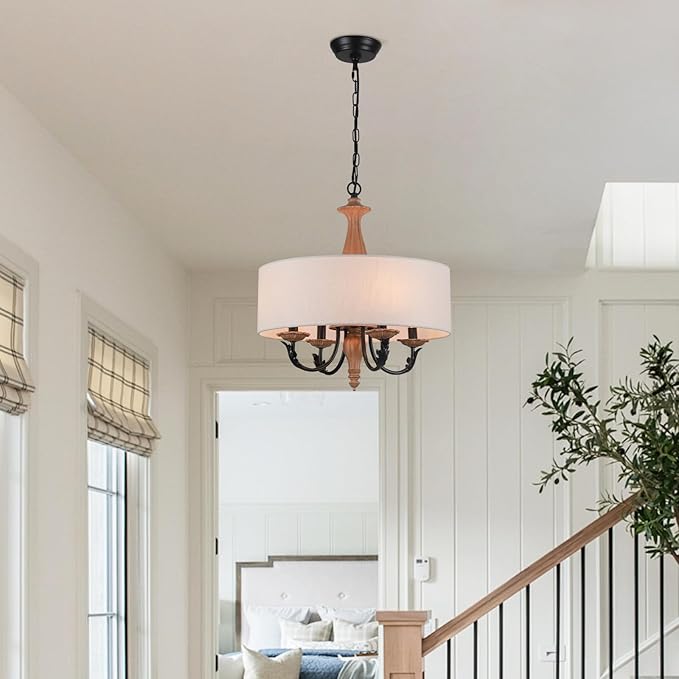 17.3" French Country Modern Drum Chandelier Light Fixture Mid Century Framhouse Chandelier with Linen Shade Vintage Distressed Wood Chandelier for Dining Room,Living Room,Kitchen,E12