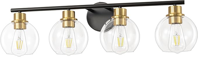Bathroom Light Fixtures Over Mirror 4-Lights Bathroom Vanity Light with Clear Glass Shade 29.5 inch Modern Wall Sconce Black and Gold Vanity Lighting for Bath
