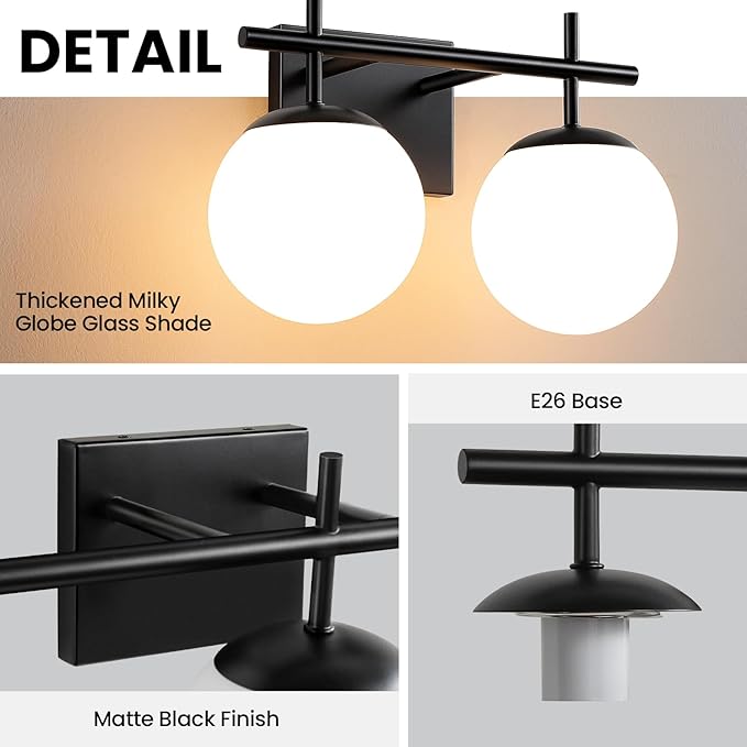 Black Bathroom Light Fixture Over Mirror, 2-Lights Vanity Lights with Milky White Frosted Glass Shade Mid Century Farmhouse Light Fixtures for Bathroom Above Mirror (Exclude E26 Bulb)