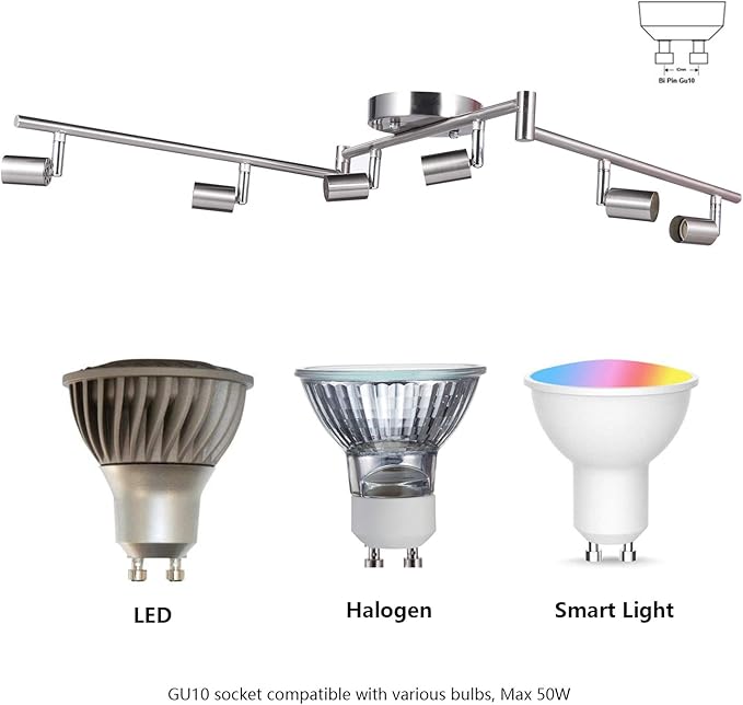 AIBOO 6-Light Adjustable Dimmable Track Lighting Kit, Flexible Foldable Arms,Satin Nickel Kitchen,Hallyway Bed Room Lighting Fixture, GU10 Base Bulbs not Included