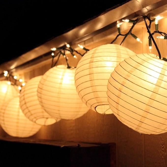 LIHAO 10PCS White Paper Lanterns with Lights, Round Hanging Paper Lanterns Decorative Chinese Lanterns for Wedding Anniversary Birthday Party Home Decor(Size of 6”, 8”, 10”, 12”)