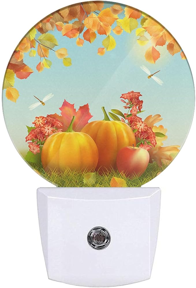 Autumn Night Light Thanksgiving Harvest Fall Maple Leaves Dragonfly Nightlights Auto On/Off Dusk to Dawn Plug-in Nightlights for Home Bedroom Living Room Bathroom