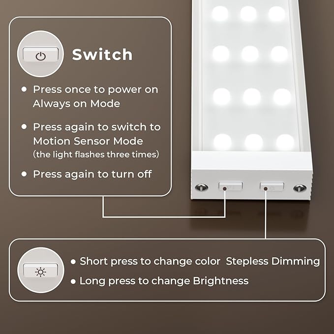 Under Cabinet Lighting, 6Pack Motion Sensor Light Indoor with 3 Color Temps, Dimmable Closet Lights, LED Magnetic Light, Rechargeable Under Counter Lights for Kitchen, Wardrobe, Hallway, Stairs