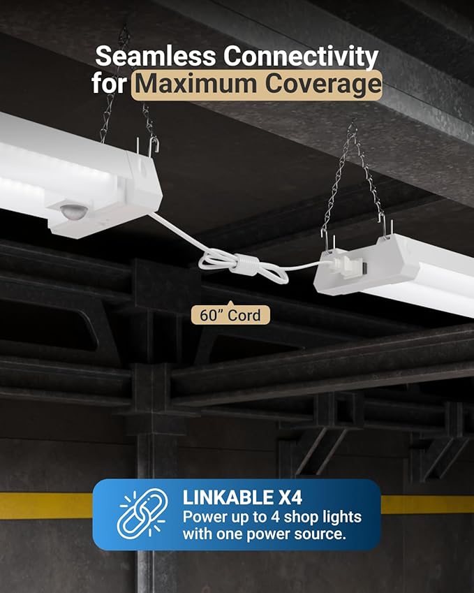 Sunco Motion Sensor 4ft LED Shop Light, Garage Lights Ceiling LED Plug-in Fixtures, 40W, 5000K Daylight, 4300 Lumens, Frosted, Motion Activated, Linkable Suspension Mount, ETL