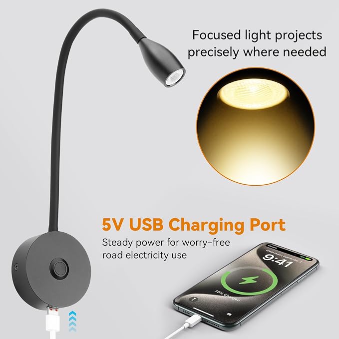 12V LED Reading Light RV Bedside Dimmable Reading Light with USB Charging Port 12 Volt Flexible Gooseneck Lamp for RV Boat Camper Van Travel Trailer Interior Lighting, 2 Pack