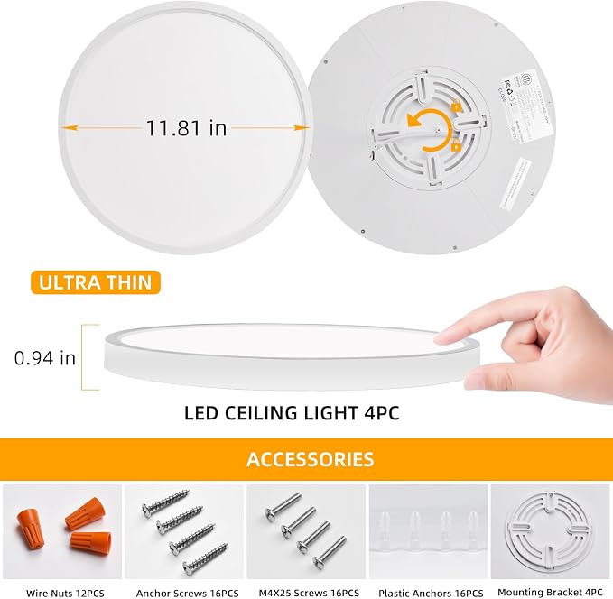 Hlite 12 Inch Flush Mount LED Ceiling Light,2400LM,3CCT,4 Pack | 24W 3000K/4000K/5000K Selectable,Low Profile Ceiling Light Fixtures for Kitchen Bedroom Hallway Laundry Room Closet,White