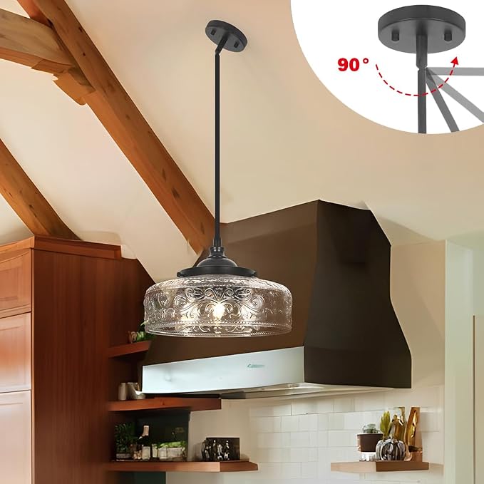 Black 3-Light Pendant Light with 12in Glass Shade, Farmhouse Pendant Lights Kitchen Island, Adjustable Hight & Angle Bathroom Pendant Ceiling Hanging Light Fixtures for Home Bedroom Hallway, 3*E12