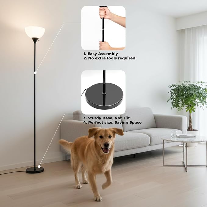 LALISU Floor Lamp, Standing Lamps with White Plastic Shade, Led Floor Lamp Rotary Switch Floor Lamps Modern Industrial Lamp, Tall Lamps for Living Room Bedroom Office Dining Room (All Black)