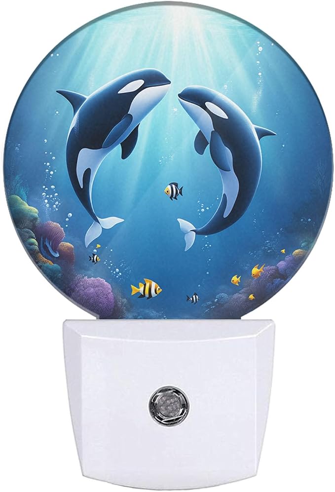 Whale Night Light Undersea Killer Whales Blue Ocean Sea Coastal LED Dusk to Dawn Plug-in Nightlight Auto Sensor for Bedroom Bathroom Hallway Living Room