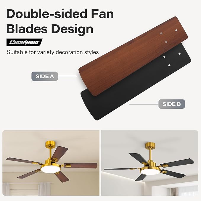 60 Inch Ceiling Fans with Lights and Remote, Bedroom Living Room Office Library Cafe Outdoor Industrial, 5CCT Dimmable, Dual Color 5 Blades, 6 Speed Reversible Quiet DC Motor, Gold/Wood Grain