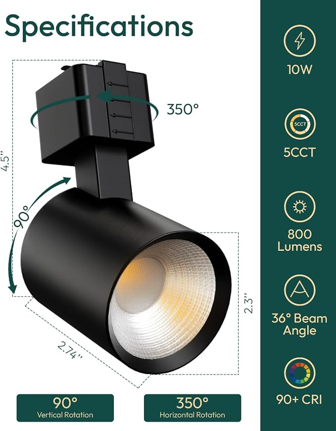 ALAMPEVER 12 Pack LED Track Lighting Heads, Dimmable J Type LED Track Lights with 5 Selectable Color Temperatures, 2700K/3000K/3500K/4000K/5000K, 10W, 800LM, 36°, Ideal for Home Commercial Use, Black