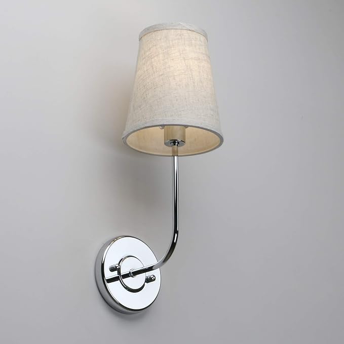 Single Classic Rustic Industrial Wall Sconce Light Fixture with Flared Funnel Linen Fabric Shade Nightstand Lamps for Bedrooms Bedside Reading (Chrome)