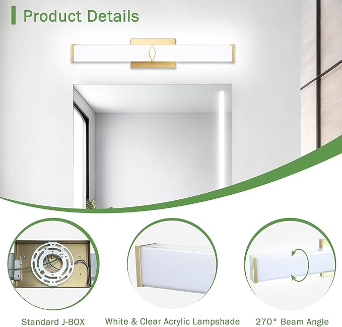 24 Inch Bathroom Vanity Light 2500LM, AC 120V 5CCT Modern Bathroom Lighting Fixtures Over Mirror Dimmable, 25W Gold LED Vanity Lighting Fixtures Wall Sconce ETL Certified, 1Pack