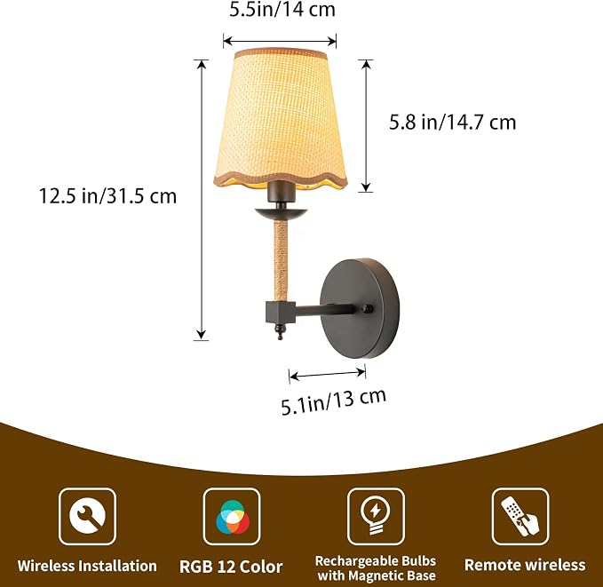 Boho Battery Operated Wall Sconce Set of 2, Medium Black Wireless Rechargeable Wall Lights with Rattan Shade, 12 RGB and 3CCT Dimmable Cordless Wall Lamps with Remote for Living Room
