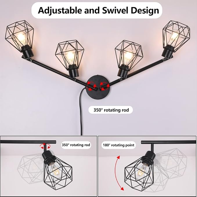 Plug in Track Lighting Kit, 80cm LED 4 Light Kitchen Track Lighting, Corded Wall Light with 16.4ft Cord, 4 Way Ceiling Spot Lighting Flexibly Rotatable Head Not Include Bulb (4-Black-Cage)
