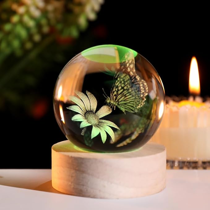 Butterfly Gifts for Women Her 3D Crystal Ball Butterfly in Glass Ball 60mm Night Light Gifts for Girl Adults with Multicolor Lighting Base