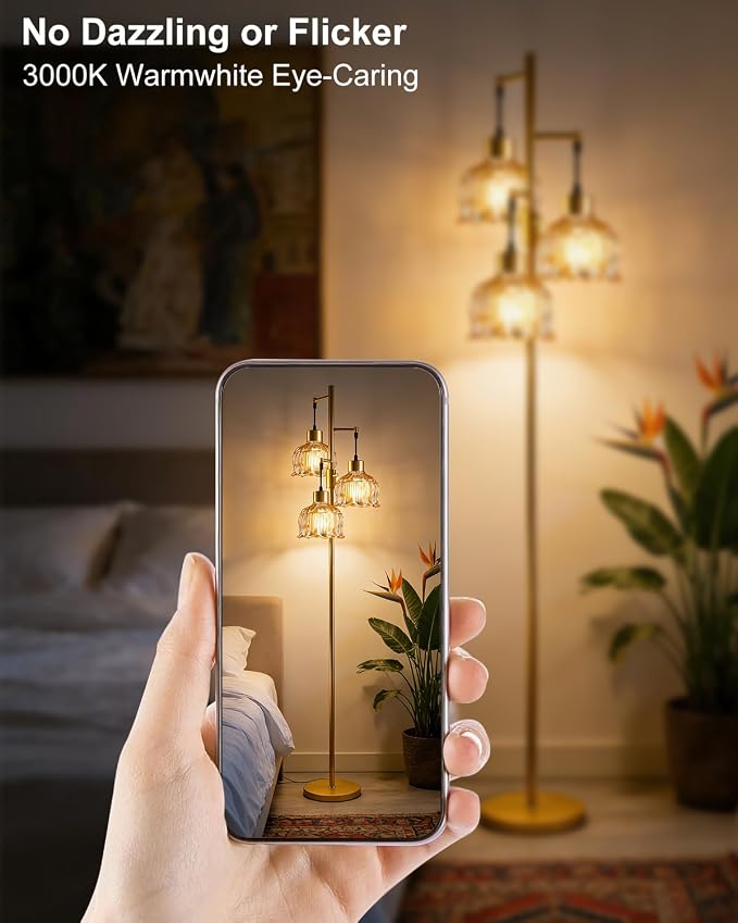 Lightdot 3-Light Lotus Floor Lamp 65'' Dimmable with Brown Glass Shade & E12 Bulbs Included, Mid Century Tall Flower Lamp with 5Lbs Heavy Base for Living Room/Bedroom/Sofa Beside/Corner Decor - Gold