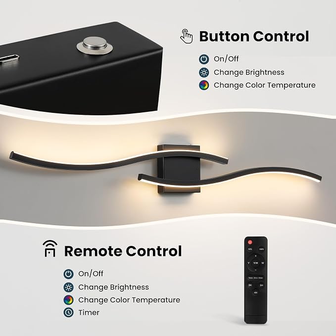 Black Battery Operated Wall Sconces: 39.3 Inch Rechargeable Sconce Set of Two with Remote Control/3 Colors/10-100% Dimming/Timer, Modern Wall Lighting for Bedroom Living Room Hallway Bathroom, 2 Pcs