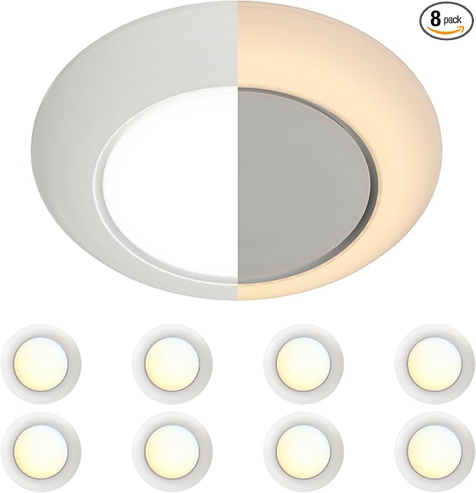 6 Inch LED Low Profile Disk Light with Night Light, 120VAC, 15W, 5CCT Color Changing, 1000LM, Dimmable, ETL, Shower Wet Rated Screw in Flush Mount Ceiling Light, White/8 Packs