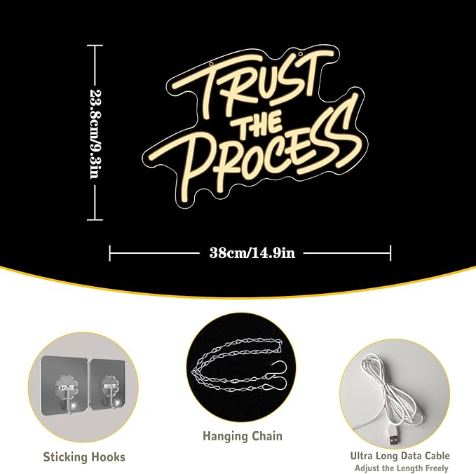 Trust The Process Neon Sign for Wall Decor Classroom Neon Light Warm White Letter LED Light Dimmable Gym Light Up Sign for Library Classroom Home Man Cave Office Bedroom Bar