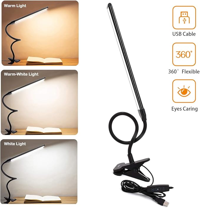 Clamp on Lamp, Clip Light, Desk Lamps 3 Color Temperature Setting, 10 Brightness Levels, 2m USB Cord Power Supply and AC Adapter Included, Pack of 2 (Black)