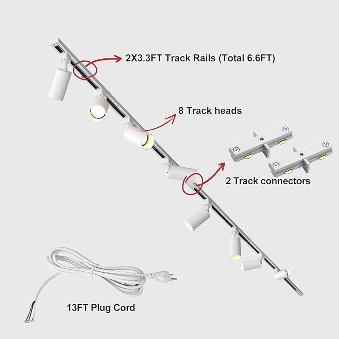Plug in Track Lighting with Power Cord, 8-Light GU10 Track Lighting Kit with 6.6FT H Type Track Lighting Rails, Modern Kitchen LED Track Lighting Fixtures Ceiling Spot Light, White (No Bulbs)