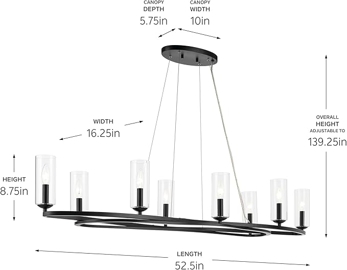 Kichler Harpin 8-Light Linear Chandelier, Sloped Ceiling Compatible, for Dining Room or Kitchen with Clear Glass in Black