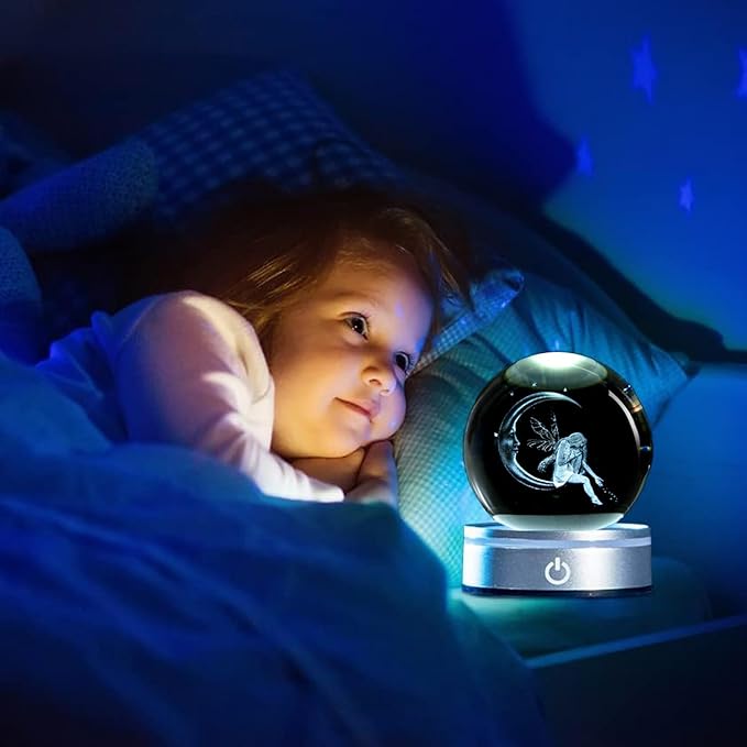 3D Moon Fairy Crystal Ball with LED Stand, 80mm Fairies Figurines Decor Glass Sphere Balls Lamp Night Light Gifts for Women Kids Mom Girls