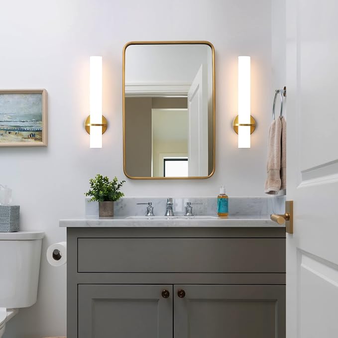 Hardwired Wall Sconces Set of Two 18 Inch Gold Bathroom Wall Sconces 18W 2700K-5000K LED Dimmable Modern Wall Lights with Acrylic Lampshade Brushed Gold Sconces for Bedroom Living Room Hallway