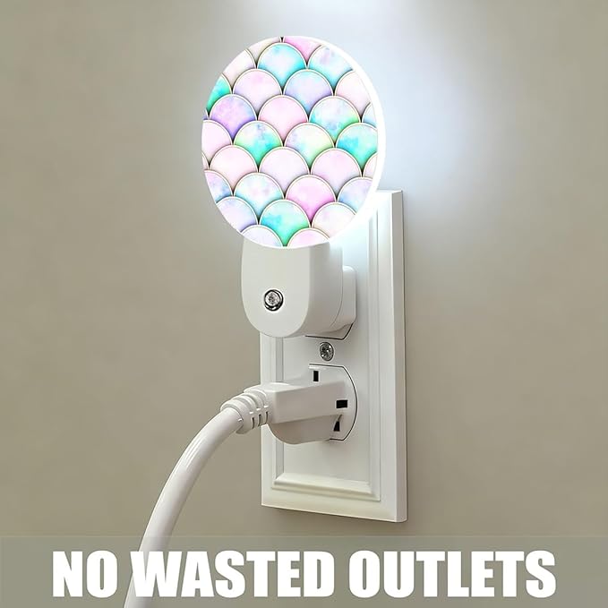 Plug-in Pink Purple Mermaid Scales Night Light Charming Fish Scales Night Lights Plug into Wall with Auto on/Off Sensor, 0.5W LED Nightlight for Bedroom Bathroom Kitchen Hallway