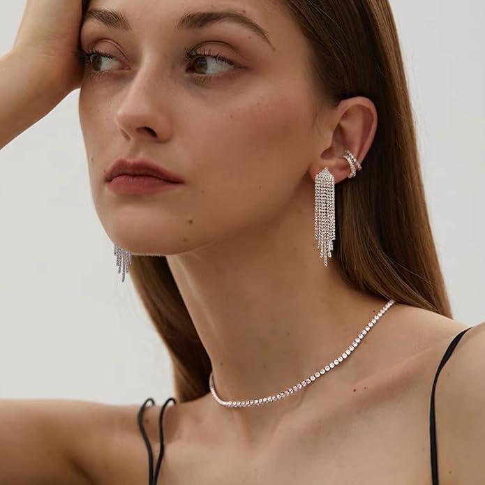 Luxval Rhinestone Earrings Dangling for Women Sparkly Silver Dangle Earrings Girls Long Chandelier Earrings Tassel Lightweight Ear Studs Cubic Zirconia Crystal Statement
