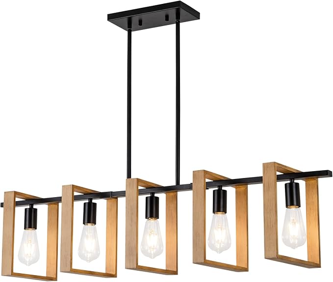 Dining Room Chandelier Farmhouse Kitchen Island Lights Ceiling Hanging 5 Lights Wood and Black Light Fixture Rustic Pendant Lighting 41.3"