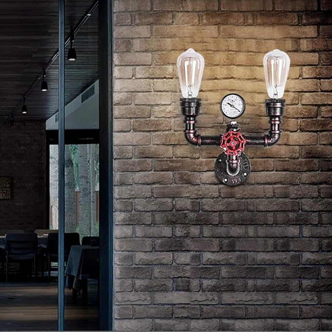 MQ Water Pipe Wall Sconces Lamp, Steampunk Fixtures 2 Lights Wall Mount E26 Socket Vintage Rustic Wall Light for Bathroom Hallway Basement Copper Color