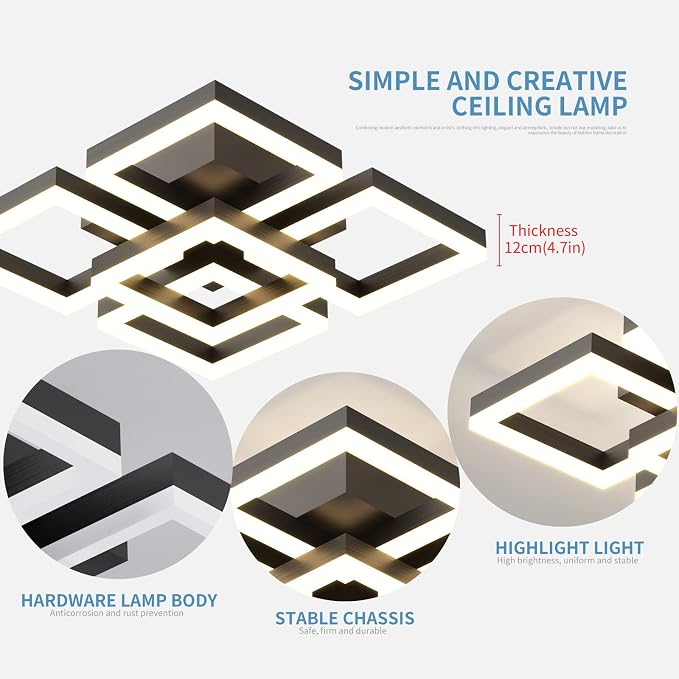 GEADI Modern 5-Square LED Ceiling Light, 64W Black Flush Mount | Dimmable Ceiling Lamp with Remote Control, 3000K-6500K, 17.7in Acrylic Chandelier for Living Room, Bedroom and Office