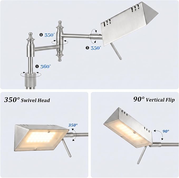 Bairth Brushed Nickel Reading Floor Lamp,Rotatable Pharmacy Standing Lamp | 90°Rotatable Lamp Head 3 Color Temperature, Dimmable, 17W LED, Height Adjustable, 360°Swing Arm, Living Room, Bedroom, Craft
