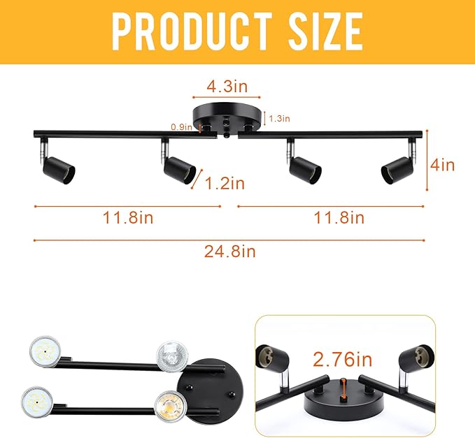 HURYEE Track Lighting Kit, 4 Head Foldable Ceiling Spot Light with GU10 Socket for Kitchen Hallyway Bedroom Fixture Directional Accent Lamp